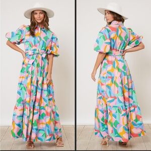 Peach Love California Blue Yellow Puff Sleeve Sundress